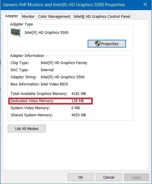 dedicated video memory size